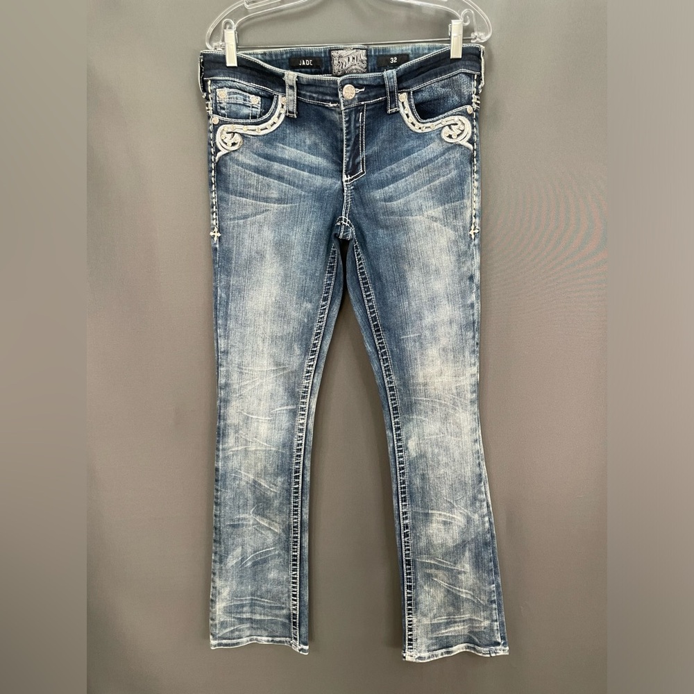 AFFLICTION bedazzled acid wash bootcut jeans